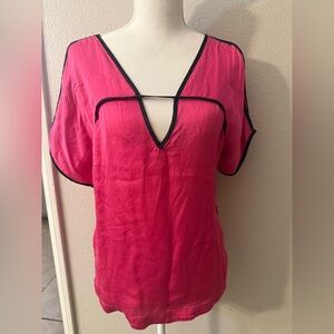 bebe Hot Pink V-Neck Blouse with Black Trim